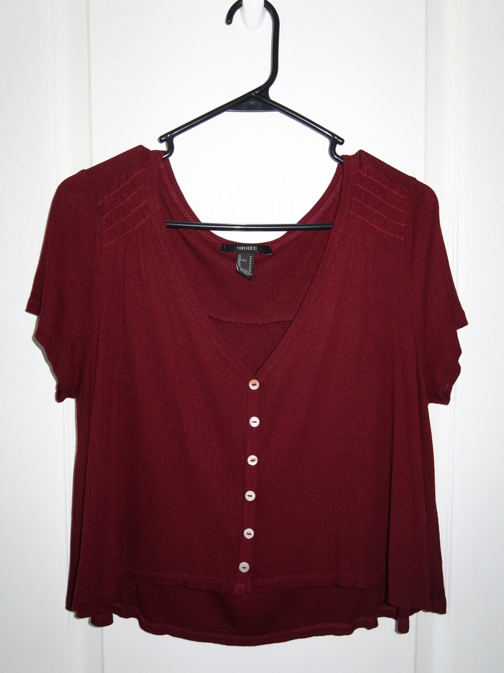 Forever 21 Wine Short Sleeve Button-Front Crop Top